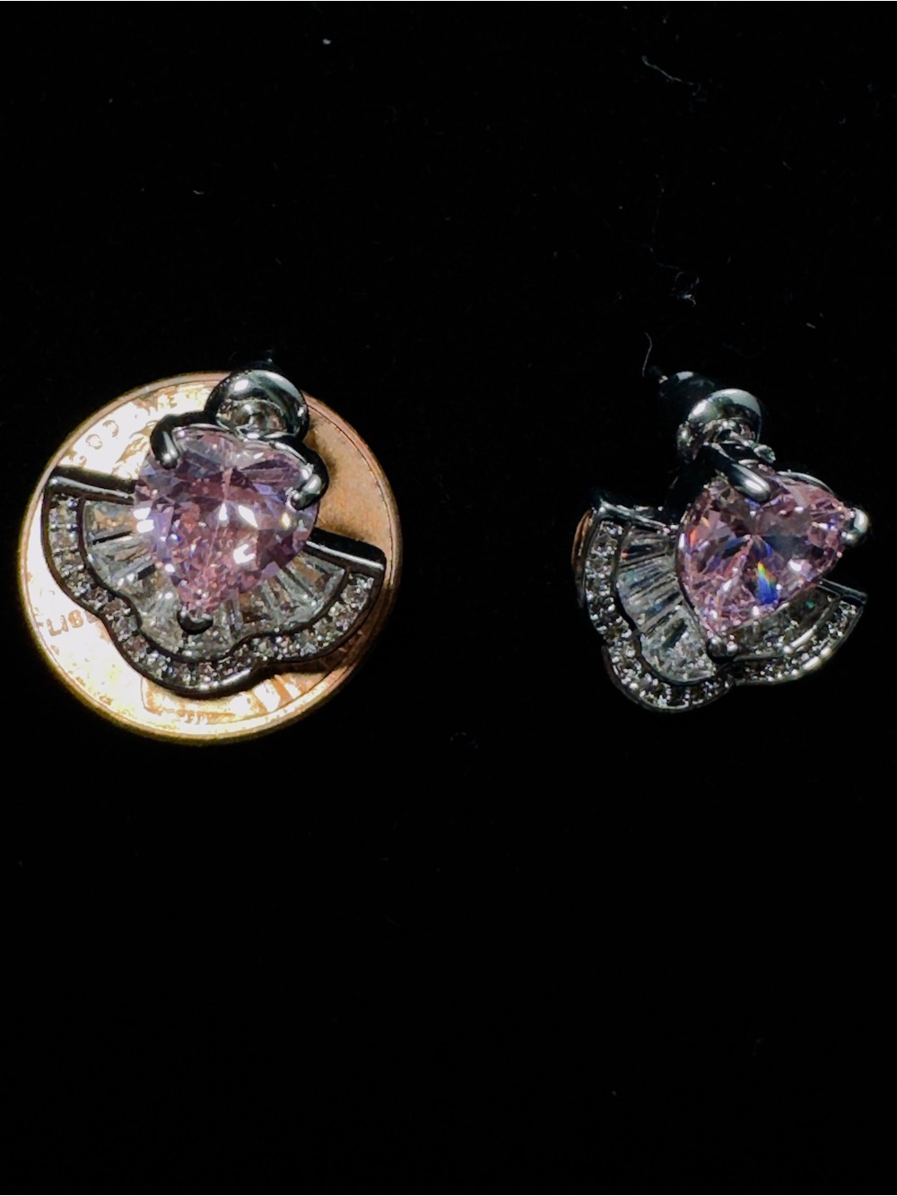 Pink Heart Cubic Zirconia Fan Stud Earrings - Women Jewelry - Picture 4 of 5